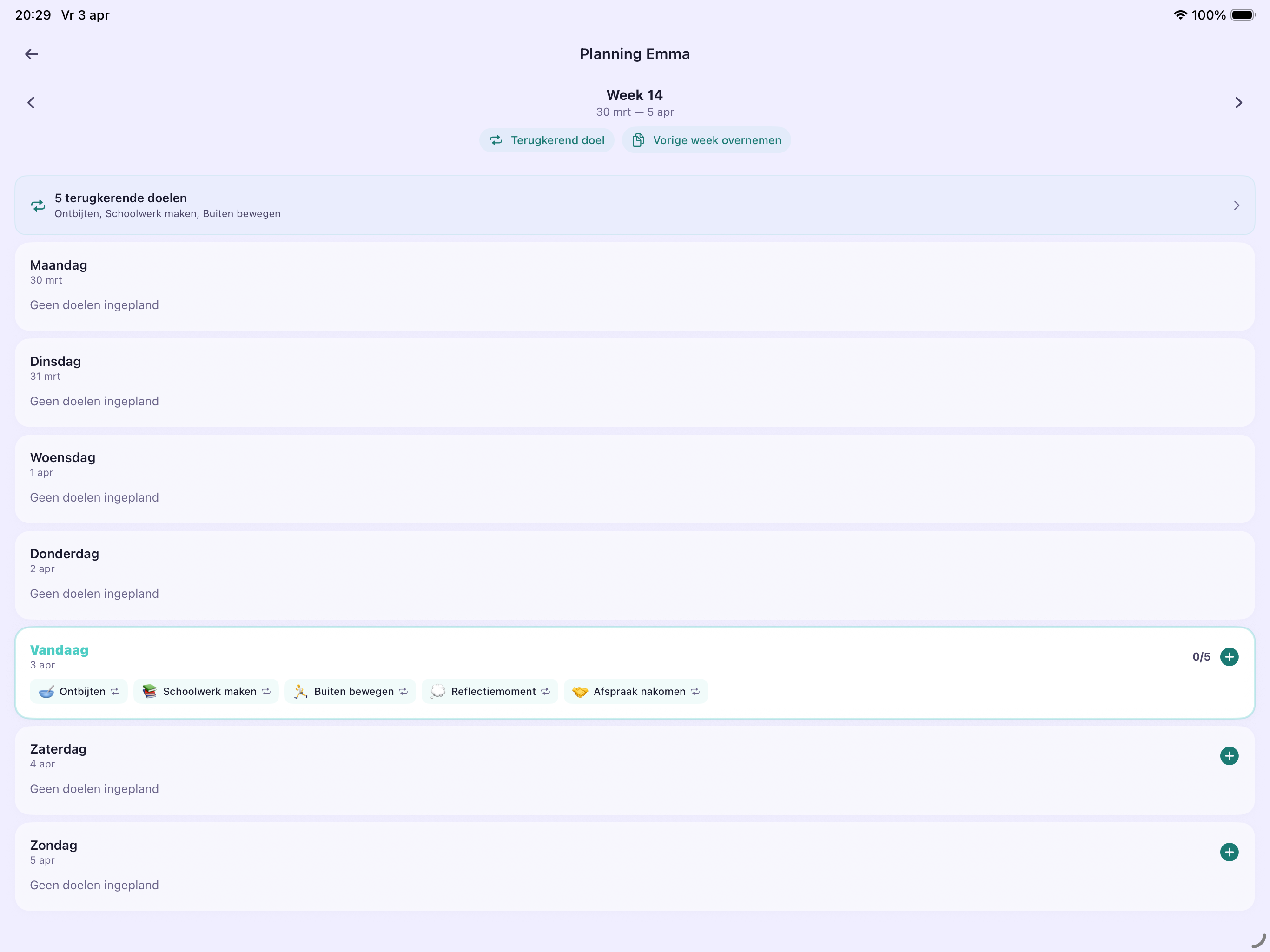 Weekplanner met doelen per dag